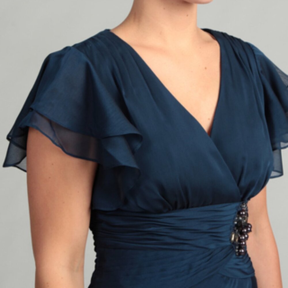 Adrianna Papell Navy Flutter Sleeve Tier Gown - Size 6 - Picture 4 of 16